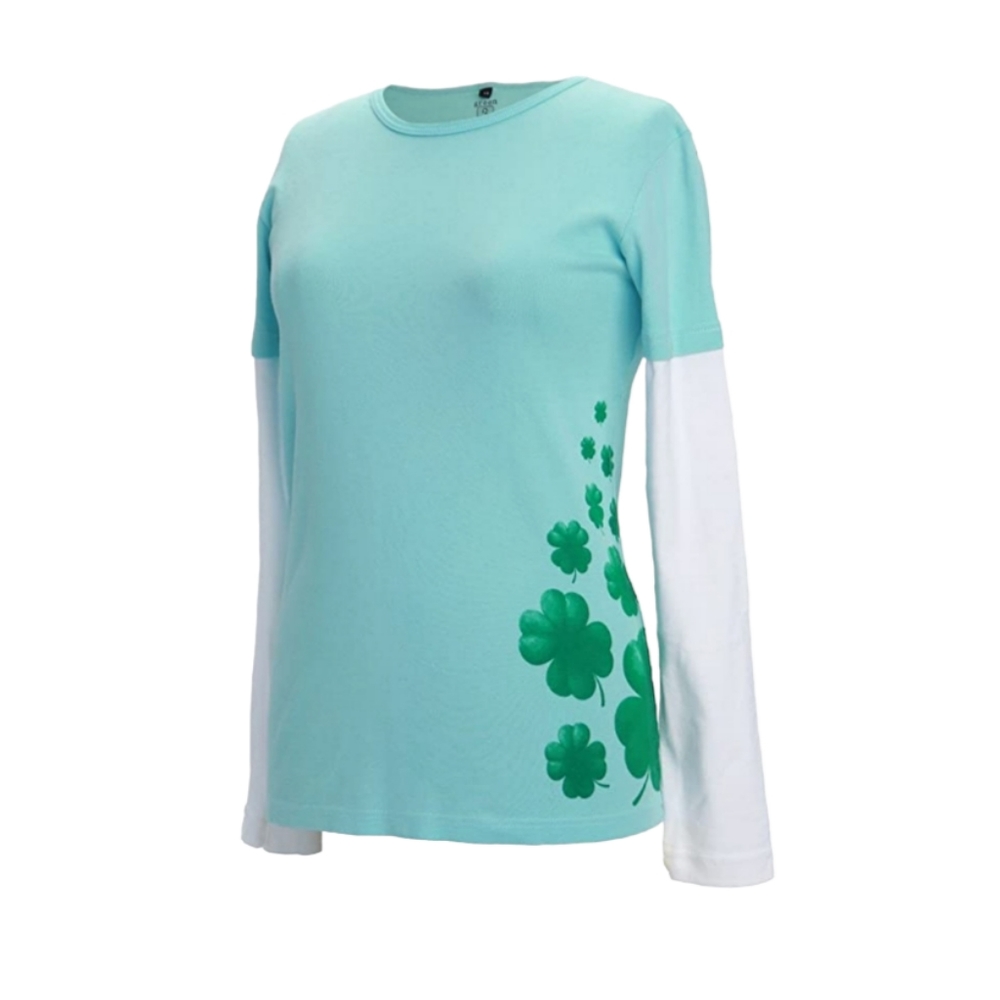 🍀 Green 3 Shamrock Clover Eco Printed Long Sleeve Tee Green White Sleeves …